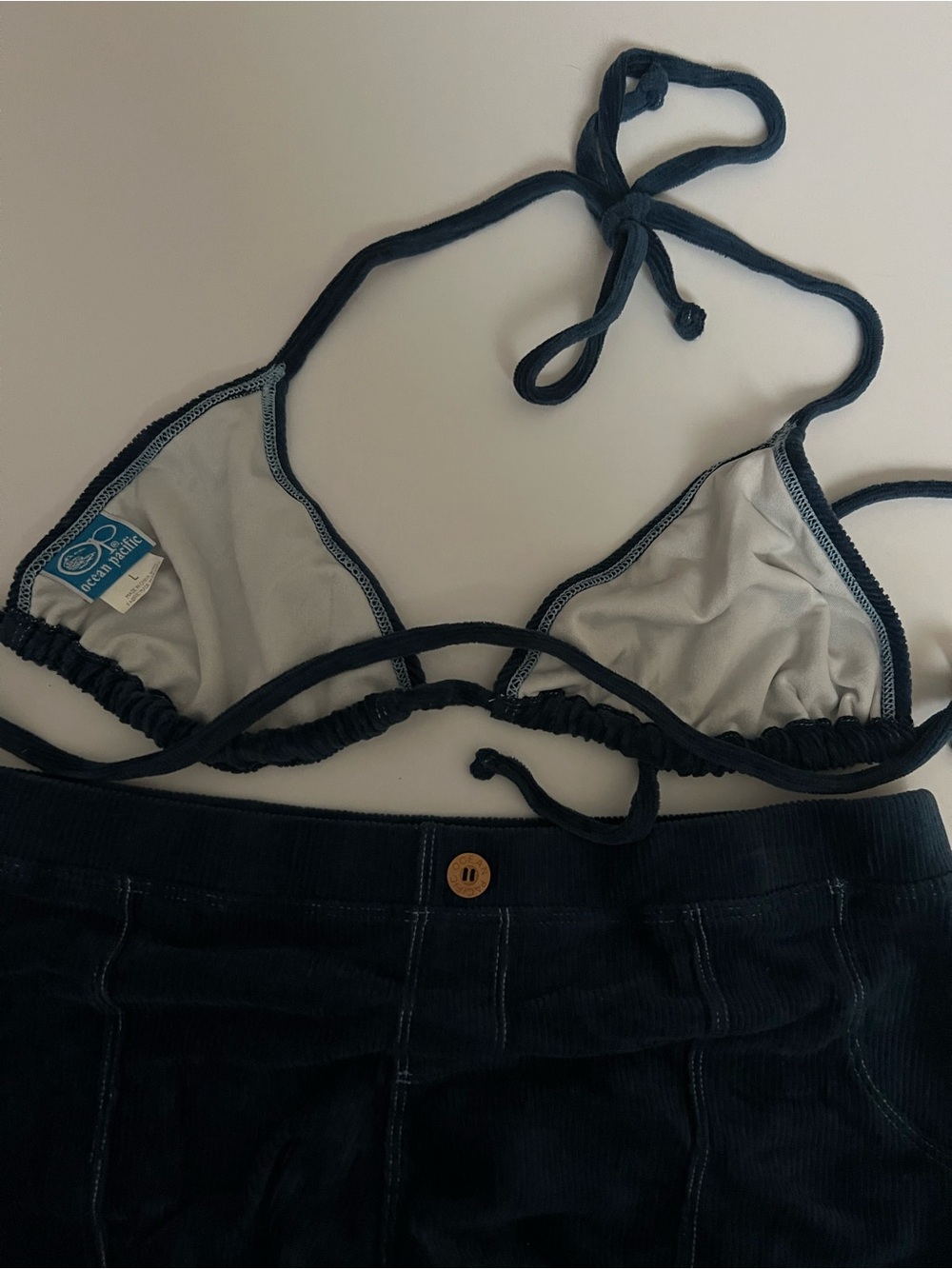 OP Dark Blue Corduroy Triangle Bikini Top and Swim Shorts - Picture 8 of 9